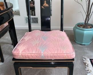 Black Lacquer Oriental Dining Table Set 6 chairs (2 with arms - see other pics), 2 leaves and table pads. Hand painted design, removable cushions. Excellent condition. See all pics. Table Dimensions: 62" wide (no leaves) by 42” deep by 31” tall, 2-leaves- 20 x 42" each, makes table 82" or 102" w if desired.