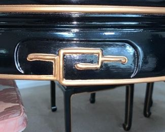 Black Lacquer Oriental Dining Table Set 6 chairs (2 with arms - see other pics), 2 leaves and table pads. Hand painted design, removable cushions. Excellent condition. See all pics. Table Dimensions: 62" wide (no leaves) by 42” deep by 31” tall, 2-leaves- 20 x 42" each, makes table 82" or 102" w if desired.