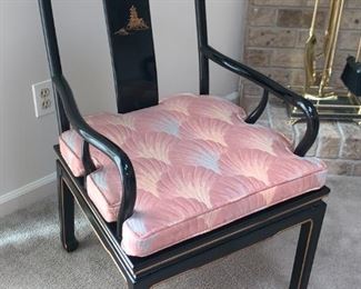 Black Lacquer Oriental Dining Table Set 6 chairs (2 with arms - see other pics), 2 leaves and table pads. Hand painted design, removable cushions. Excellent condition. See all pics. Table Dimensions: 62" wide (no leaves) by 42” deep by 31” tall, 2-leaves- 20 x 42" each, makes table 82" or 102" w if desired.