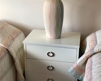 Modern White Lacquer Night Stand Side Table 22w 15d 20.5h, Retro Ceramic Pastel Rainbow Lamp
