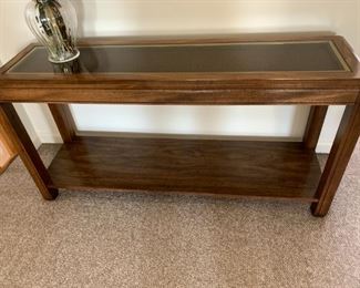 Sofa Table, Console Table - wood base, glass top with brass frame and caned design 52.5w 15d 26.5h