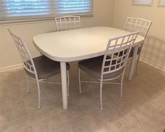 Dinette Kitchen Table without leaf 42w 42d, with leaf 59 x 42.  Set of 4 metal chairs 19.5w 18d.  Cramco Furniture, Miami FL