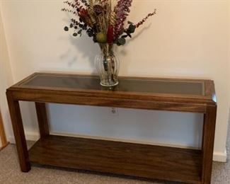 Sofa Table, Console Table - wood base, glass top with brass frame and caned design 52.5w 15d 26.5h