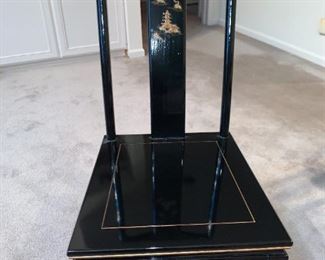 Black Lacquer Oriental Dining Table Set 6 chairs (2 with arms - see other pics), 2 leaves and table pads. Hand painted design, removable cushions. Excellent condition. See all pics. Table Dimensions: 62" wide (no leaves) by 42” deep by 31” tall, 2-leaves- 20 x 42" each, makes table 82" or 102" w if desired.