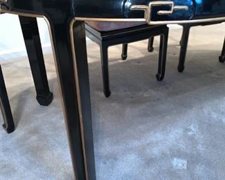 Black Lacquer Oriental Dining Table Set 6 chairs (2 with arms - see other pics), 2 leaves and table pads. Hand painted design, removable cushions. Excellent condition. See all pics. Table Dimensions: 62" wide (no leaves) by 42” deep by 31” tall, 2-leaves- 20 x 42" each, makes table 82" or 102" w if desired.
