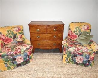 PLUSH CHAIRS AND VERY OLD DRESSER 
