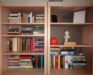 WOOD BOOKSHELVES AND BOOKS 