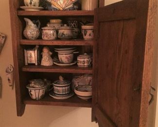 Antique Oak Wall Cabinet, Large Collection of Quimper Pottery 