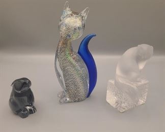 from left to right:  Baccarat Crystal Bunny, Murano Cat, & Laliqui Crystal Cat