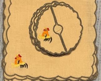 Vintage Rooster Embroidered Linens - Napkins & Coasters