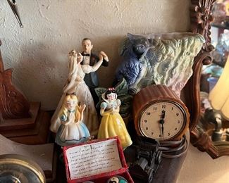 Ok, I’ll stop. You are right. It’s not fair to make you take both of those. 
Here we have Snow White & Alice, both true vintage… clock on the far right seems to be bake-light, the car is a pencil sharpener I think