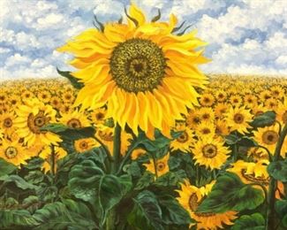 Signed Sunflower Field Acrylic on Canvas
