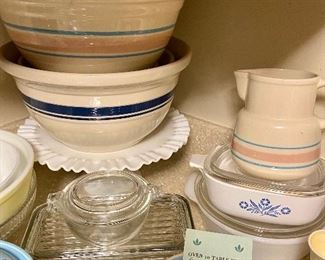Vintage McCoy batter bowl and pitcher pottery, cornflower casserole, anchor hocking, fire king, and pyrex dish sets