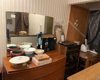 Kitchen bowls and vintage mirrored dresser