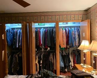Three closets with jackets suits and sets, shoes in all 5 closets -new in boxes