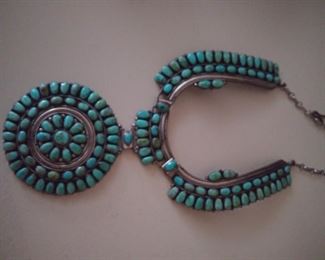 Signed native American silver turquoise squash blossom necklace