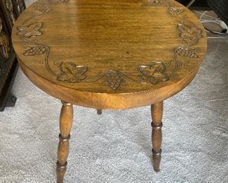 6_____ $125 
 German Carved wood bistro table • 20" D x 27"H