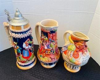 41_____ $58 
Lot of 3 Lge stein W.Germany 14"T,  pitcher, 2nd pitcher 