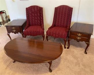 56_____ $295 
Set of 2 side tables  • 22"T x 27"D x21", 2 chairs, 1 coffee table drop leaf
Oval coffee table  • 16"H x 50"L x 21"D w/out leaf