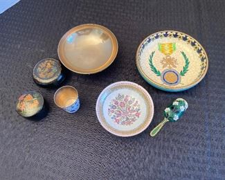 58_____ $80 
Lot incl. Russian enamel bowl & spoon, Danish & French Longuy