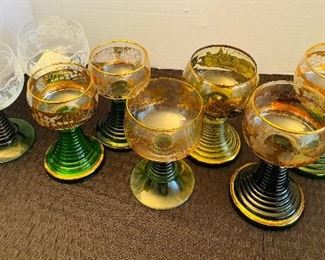 82_____ $40 
Set of 6 German vintage wine glasses & 2 French ones. 