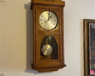 94_____ $150 
Art deco wall clock oak case   • 30"T x 13"x 7" 