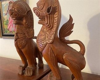 113_____ $90 
 2 Carved Thailand lion's / foo dogs / cats  • 16" x 6"W