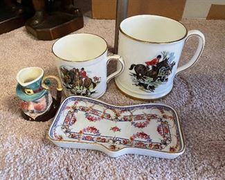 109_____ $40 
1 Toby jar Stafforsdhire & 2 bone china hunting mugs + dish