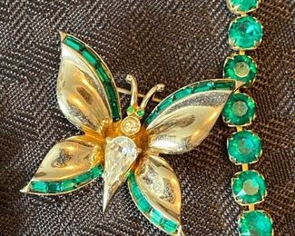 121_____ $50 
Emerald green rhinestones & Amerthyst pear shaped pin/pendant, CORO