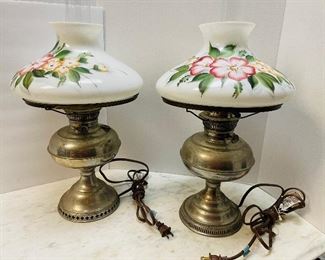 #9 -NOW $75 was $150 • American Victorian rayo lamps with glass painted shades  • needs just a little TLC   •  22high 12”across