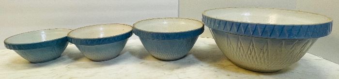 #43 -NOW $150 was $200 • Robinson Ransbottom • Early American stoneware blue four bowls nesting • Large 14”across  • 10”across  • 8”across  • small 7”across
