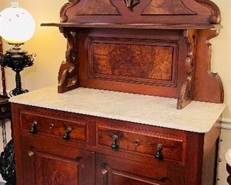6- $995 Victorian Hunting sideboard, burl walnut, original pulls. Grey carrerra marble. • 88high 48across 20deep