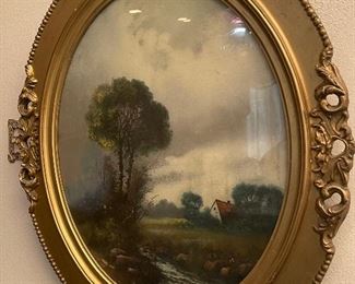 #53 - $275 Set of two oval watercolors in gilt frames
cabin picture • 26 x 22
mountain tree picture • 27 x 23
