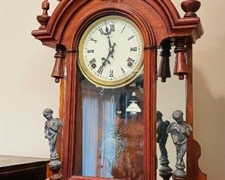 #84 - $295 Unusual Renaissance Revival mantel Clock walnut case with figural spelter elements - running condition. • 24high 16wide 6deep 