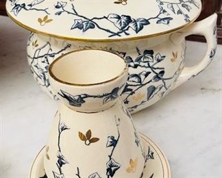 #111 - $325 English Ridgeway wash set Bower pattern blue and white Ivy (7 pieces)
Washbasin • 6high 15across
large pitcher • 12high 10across
small pitcher • 8high 6across
large chamber with lid • 16high 14across
small chamber with lid • 6high 10across
Carafe with saucer 6high • 6across
Soap dish– three pieces • 4high 6across