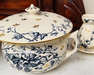 #111 - $325 English Ridgeway wash set Bower pattern blue and white Ivy (7 pieces)
Washbasin • 6high 15across
large pitcher • 12high 10across
small pitcher • 8high 6across
large chamber with lid • 16high 14across
small chamber with lid • 6high 10across
Carafe with saucer 6high • 6across
Soap dish– three pieces • 4high 6across