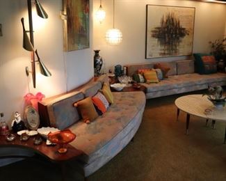 MCM, Living Room, lighting, seating, sofas, couches, decorative items, occasional tables, accent pillows, art