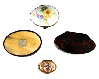 Four 20th century pill and trinket boxes.  Includes a Limoges porcelain, lacquered wood and horn trinket boxes, and an Italian molded metal pill box with porcelain top.  Some wear and damage to horn and lacquered box, horn box monogrammed.  Up to 3 1/4" long.  ESTIMATE $50-100
