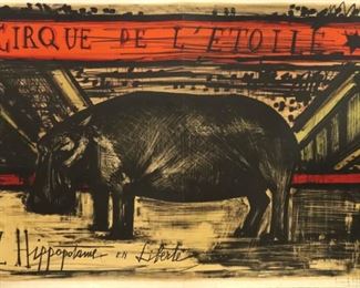 Bernard Buffet, French, 1928-1999.  Lithograph on paper, titled "L'Hippopotame en Liberte" from the 1968 "Mon Cirque" suite.  Signed "Bernard Buffet" in ink lower right, numbered "32/120" lower left, annotated "L'Hippopotame" and "113" verso.  Folded crease at center, tears to edge along rightside and small creases around image border, paper with toning, foxing and some watermarks.  Image 38 x 26 1/2" high, newly framed. ESTIMATE $1,000-2,000
