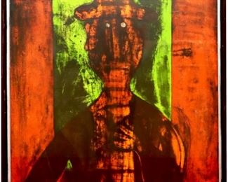 Rufino Tamayo, Mexican, 1899-1991.  Color lithograph on paper, titled "Hombre en Fondo Verde" (Man on Green Background).  Signed "R Tamayo" in ink lower right, numbered 16/100 with embossed "EP" Edition Press, San Francisco to paper lower left.  Some buildup and rubbing beneath glass, not examined out of frame.  Image 21 1/x 29 1/2" high, framed 23 1/2 x 31 1/2" high overall.  ESTIMATE $1,500-2,500
