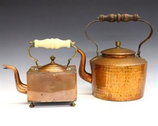 Two 19th century Copper tea kettles.  Includes one Italian made with hammered finish, Brass fittings and turned wooden handle, and one British made with square form, Brass fittings and milk glass handle.  Impressed "Made in Italy" and "V R" with crown.  Some surface wear, discoloration and denting.  8 1/4 to 11" high.  ESTIMATE $100-200

