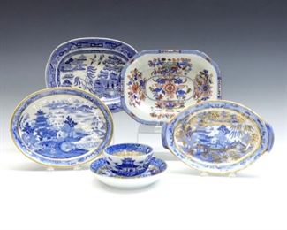 Six pieces of late 18th and early 19th century Staffordshire tableware.  Includes five dishes and a tea cup from various makers including Spode and Miles Mason, with hand-painted and transfer decorated Blue pagoda/floral designs.  Printed Spode, Mason and "Staffordshire" marks.  Some crazing and wear to decoration, Blue and Red dish with flakes to rim, handled tray with small firing crack to top.  5 1/2 to 8" long.  ESTIMATE $100-200
