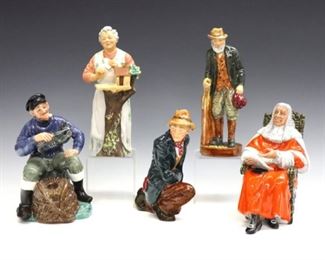 Five 20th century Royal Doulton figures.  Includes "Good Morning" HN 2671, "The Gaffer" HN 2053, "The Judge" HN 2443, "The Lobster Man" HN 2317, and "The Poacher" HN 2043.  Printed marks.  Minor wear and slight crazing, "Good Morning" with small chip to bird.  Up to 8" high.  ESTIMATE $100-200
