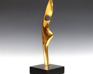 Antonio Grediaga Kieff, Spanish/Canadian, b. 1933.  Abstract sculpture in polished Bronze on a Black stone base.  Signed and annotated "Kieff 3/6".  Slight surface wear.  14 1/2" high plus the 5 x 5 x 1 1/2" high base.  ESTIMATE $1,500-2,000
