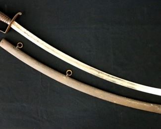 An early 19th century Nathan Starr calvary sword and scabbard.  Curved Iron guard, backstrap and pommel with grooved leather grip.  Marked "N. Starr" and "US", with "P" and "LS' inspector marks at ricasso.  Surface wear and some pitting, blade unsharpened with rust, wear to leather grip exposing wood with chip, lacks leather washer, scabbard with wear and minor damage.  Blade is 32" long, 38" long overall with scabbard.  ESTIMATE $200-400