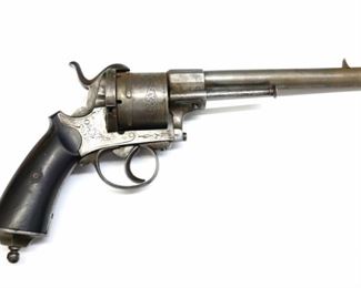 A mid 19th century Belgian pinfire revolver, Lefaucheux-type.  11mm .44 caliber, 6 shot, double action, with a rifled 6" round engraved barrel, Rosewood grip and engraved frame.  Standard Belgian crown over "ELG" enclosed with a star, and crown over "C" proof marks on cylinder.  Wear overall, cleaned, pitting to barrel, light pitting to frame and cylinder, lacks lanyard ring, mechanism functions.  10 1/2" long.  ESTIMATE $100-200
