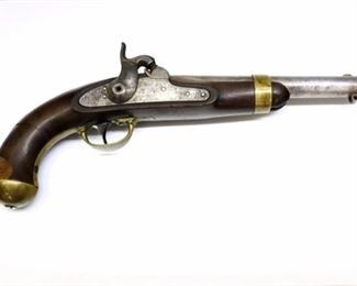 A U.S. Civil War era M1842 Cavalry percussion pistol by Henry Aston, Middletown, Connecticut.  .54 caliber, muzzleloading dragoon pistol with a smoothbore 8 1/2” round barrel, figured walnut grip with two inspector cartouches, and Brass frame.  Impressed "US H. Aston & Co" with "Middtn Conn 1852" at sides of hammer, with proof marks "US" over "W.N." and "P" at top of barrel, "1852" and "K" at top of frame, and "N" above trigger guard.  Wear overall, lacks swivel ramrod and screw to hammer, cleaned, light pitting to barrel and lock, cracks to stock with two chips up to 3/4 x 1 1/4" at butt plate.  14" long.  ESTIMATE $100-200
