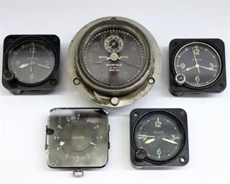 Five 20th century car clocks by various makers.  Includes manual and bezel wind models by Mansfield, Waltham, Elgin and Jaeger.  Some wear, corrosion and minor damage, one Waltham and Mansfield bezel wind running, rest not running, AS-IS.  Up to 4" long.  ESTIMATE $200-300