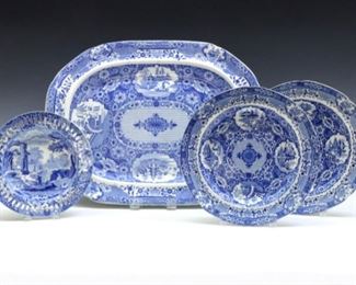 Four pieces of early 19th century Spode Blue and White transferware.  Includes a "Net" pattern serving platter and plates, and an "Italian" pattern plate with reticulated rim.  Platter and "Italian" plate with impressed and Blue printed marks, "Net" plates unmarked.  Some surface wear, crazing, and small flakes to rims.  7 1/2 to 17" long.  ESTIMATE $200-400