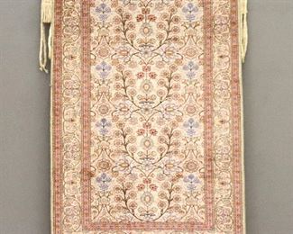 A 2.10 x 4.4' mid 20th century Turkish Kayseri Silk carpet.  Multicolor hand woven floral design with scrolled floral border.  Very good condition, used as a wall hanging only.  ESTIMATE $400-600